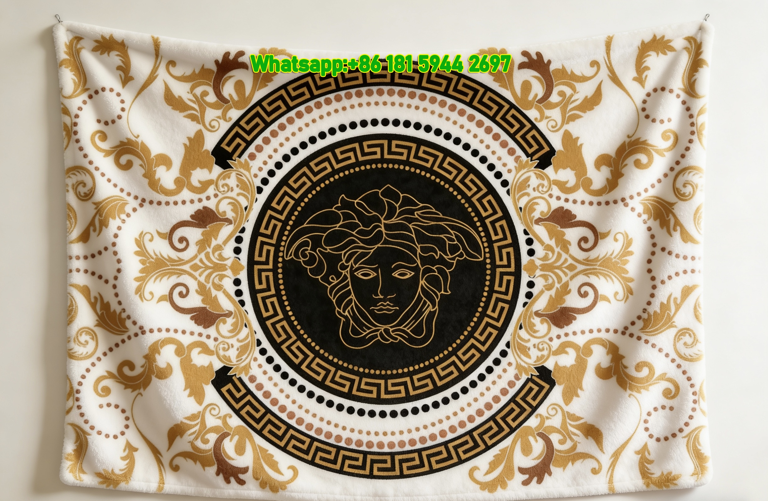Versace White Black Gold Medusa Greek Key Baroque Print Flannel Sofa Throw Blanket IMG_1326
